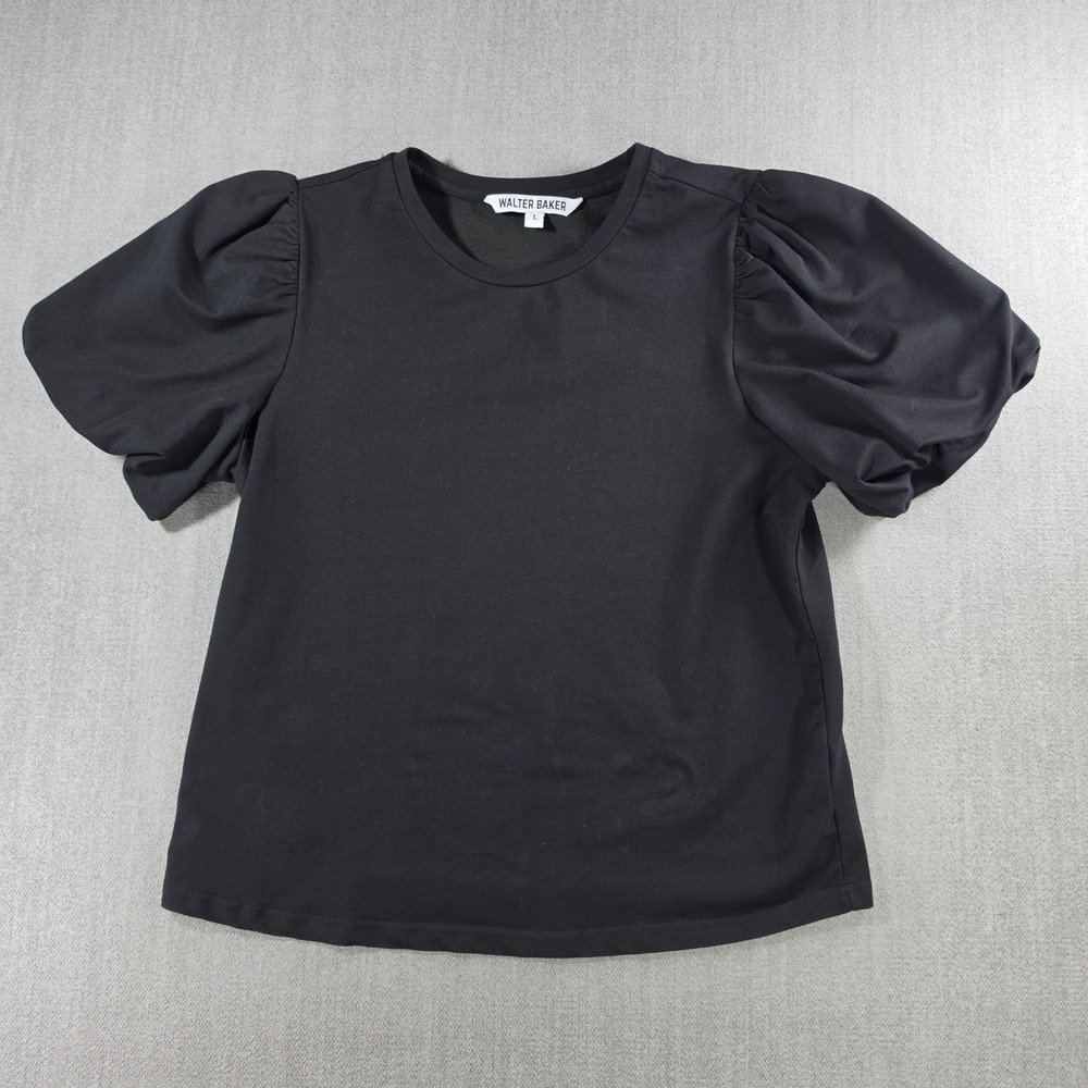 Walter Baker Top Womens Large Black Puff Sleeve Cotton Blend Jersey W6548